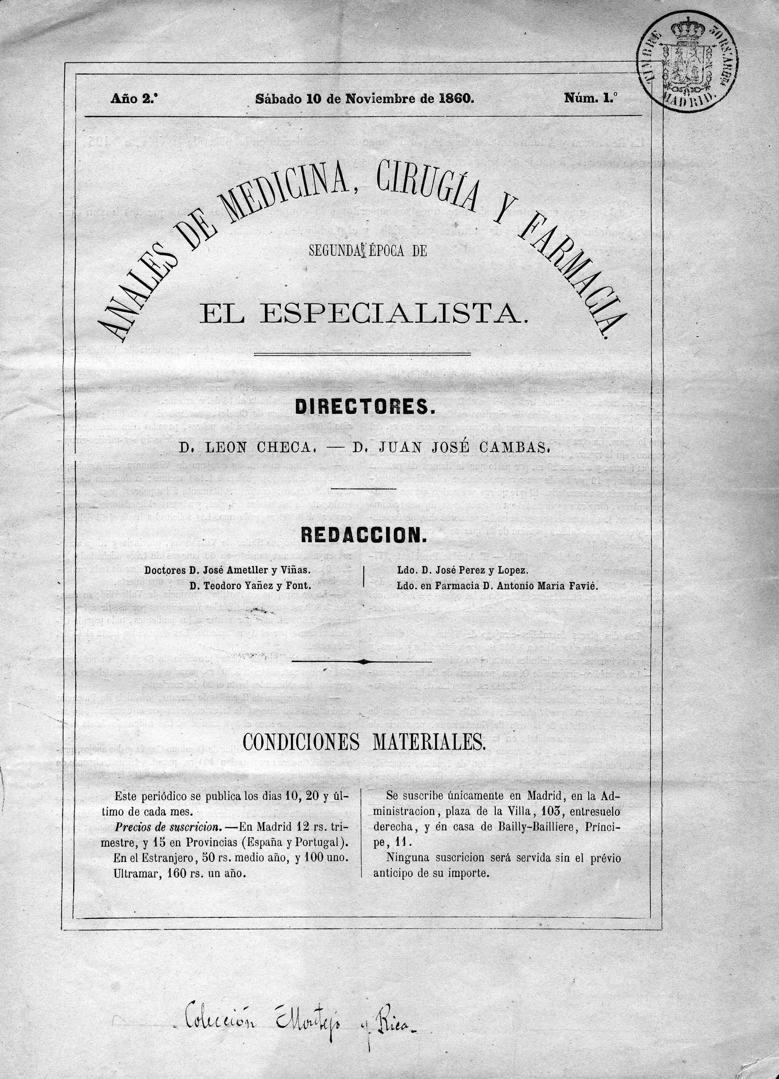 Anales de medicina, cirugía y farmacia, Año 1, 1 (1860)